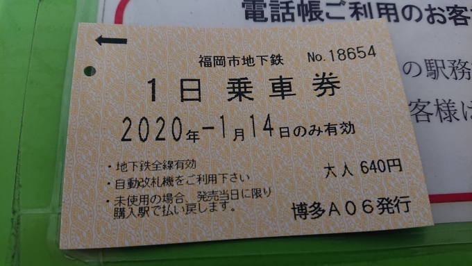 鉄道乗車記録の写真:きっぷ(2)        「福岡市営地下鉄１日乗車券」