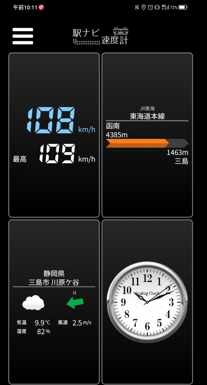 鉄道乗車記録の写真:旅の思い出(6)        「函南駅→三島駅を時速108キロで走行中」