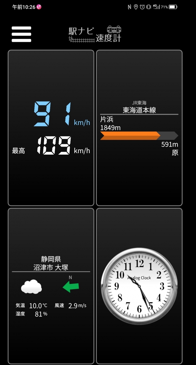 鉄道乗車記録の写真:旅の思い出(9)        「片浜駅→原駅を時速91キロで走行中」