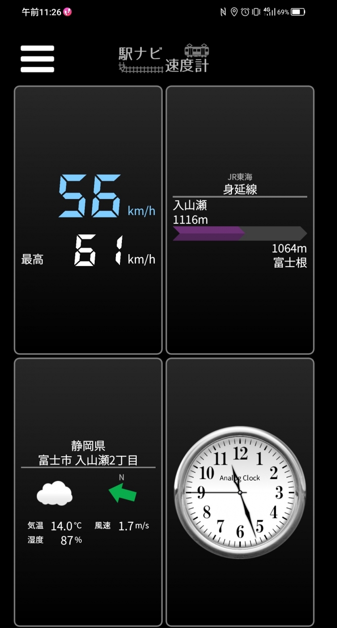 鉄道乗車記録の写真:旅の思い出(3)        「入山瀬駅→富士根駅を時速56キロで走行中」