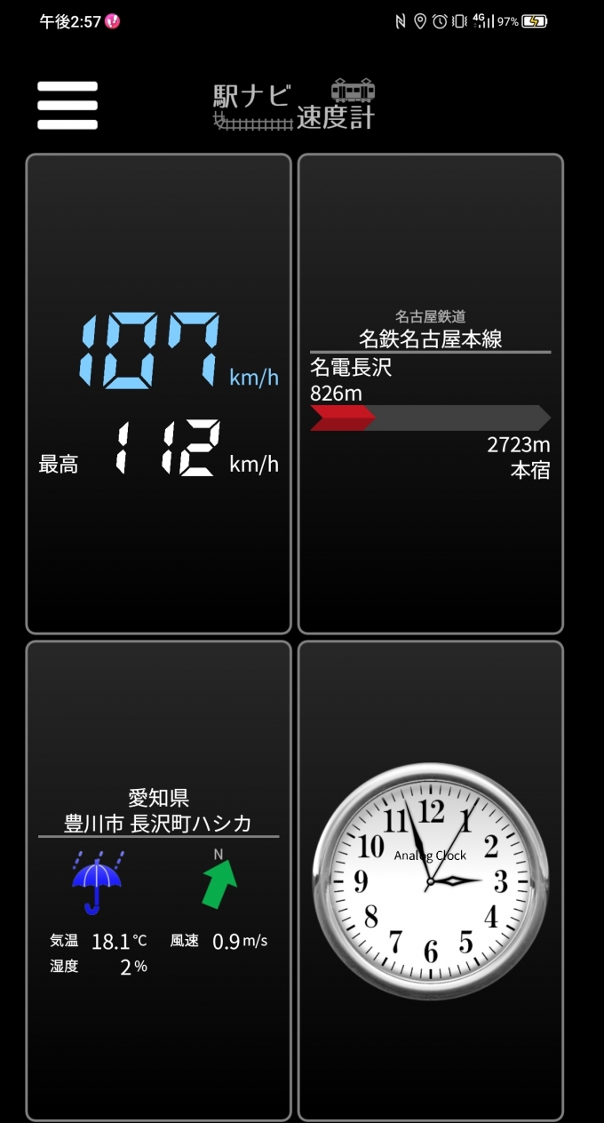 鉄道乗車記録の写真:旅の思い出(8)        「名電長沢駅→本宿駅を時速107キロで走行中」