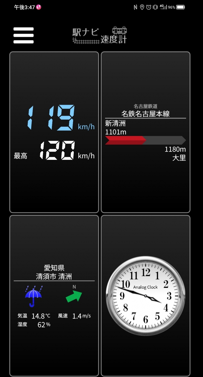 鉄道乗車記録の写真:旅の思い出(13)        「新清洲駅→大里駅を時速119キロで走行中」
