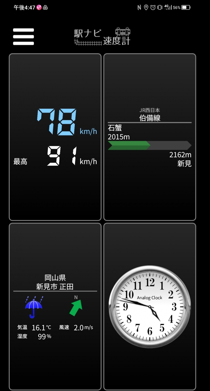 鉄道乗車記録の写真:旅の思い出(11)        「石蟹駅→新見駅を時速78キロで走行中」