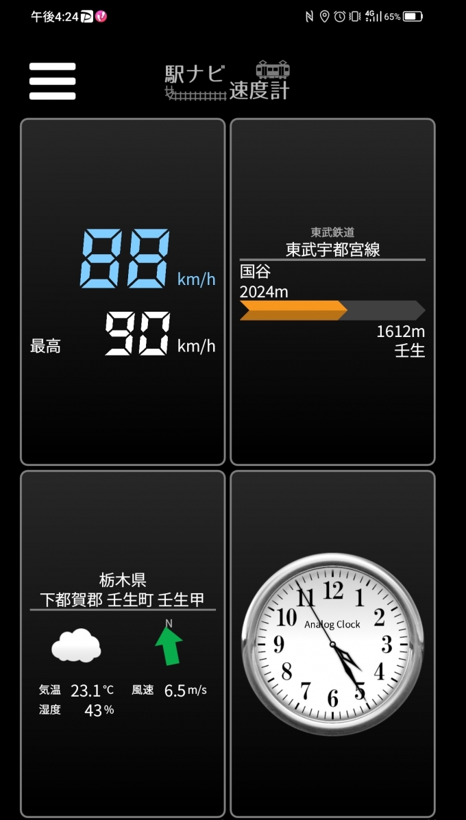 鉄道乗車記録の写真:旅の思い出(7)        「国谷駅→壬生駅を時速88キロで走行中」