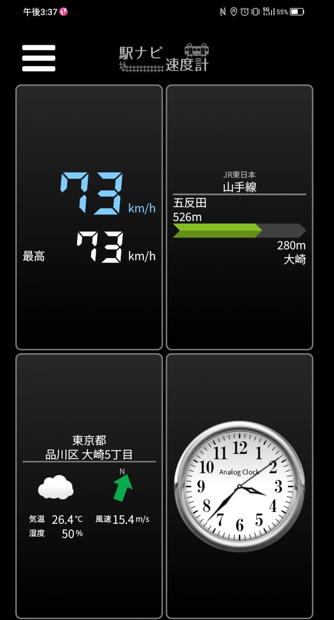 鉄道乗車記録の写真:旅の思い出(7)        「五反田駅→大崎駅を時速73キロで走行中」