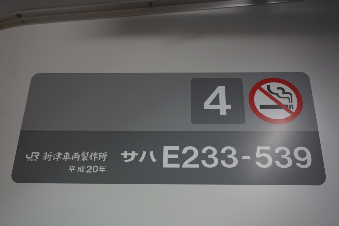 鉄道乗車記録の写真:車両銘板(2)        「JR東日本 サハE233-539」