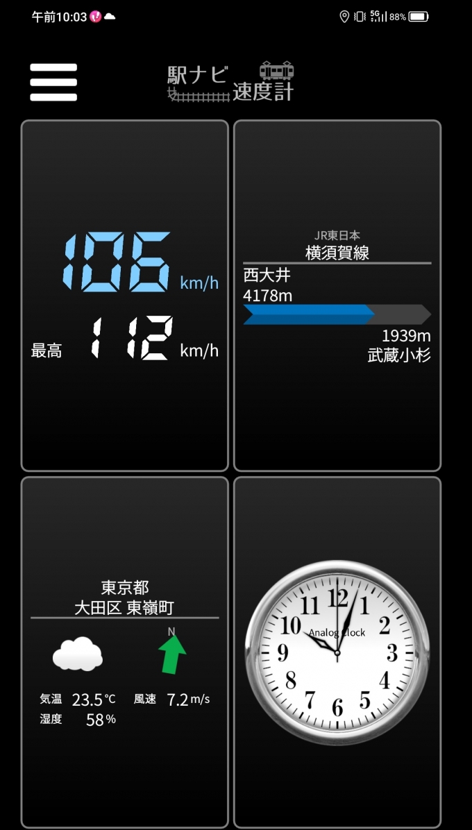 鉄道乗車記録の写真:旅の思い出(3)        「西大井駅→武蔵小杉駅を時速106キロで走行中」