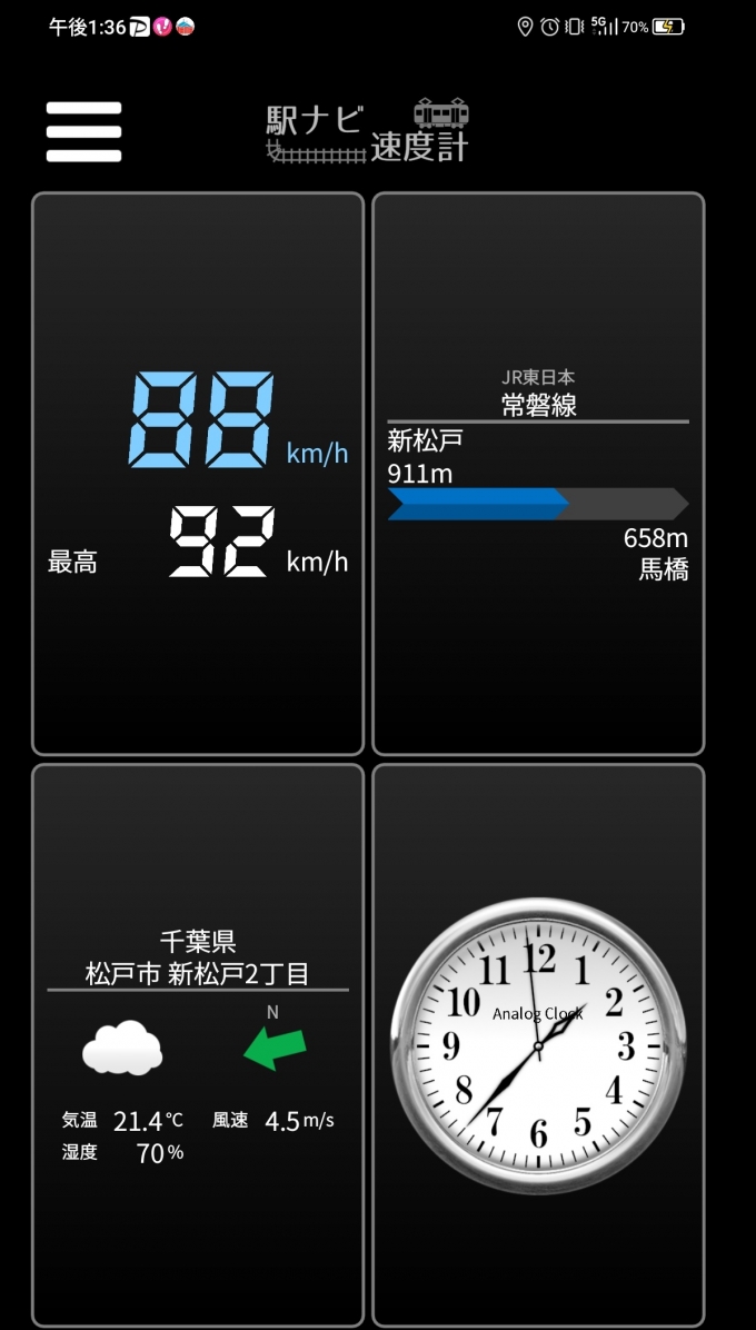 鉄道乗車記録の写真:旅の思い出(5)        「新松戸駅→馬橋駅を時速88キロで走行中」