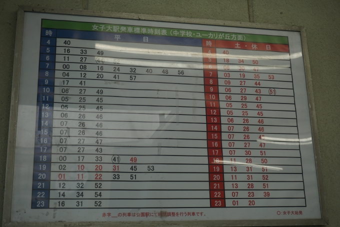 鉄道乗車記録の写真:駅舎・駅施設、様子(13)        「女子大駅時刻表」