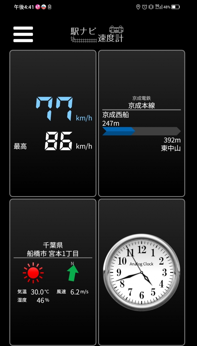 鉄道乗車記録の写真:旅の思い出(5)        「京成西船駅→東中山駅を時速77キロで走行中」