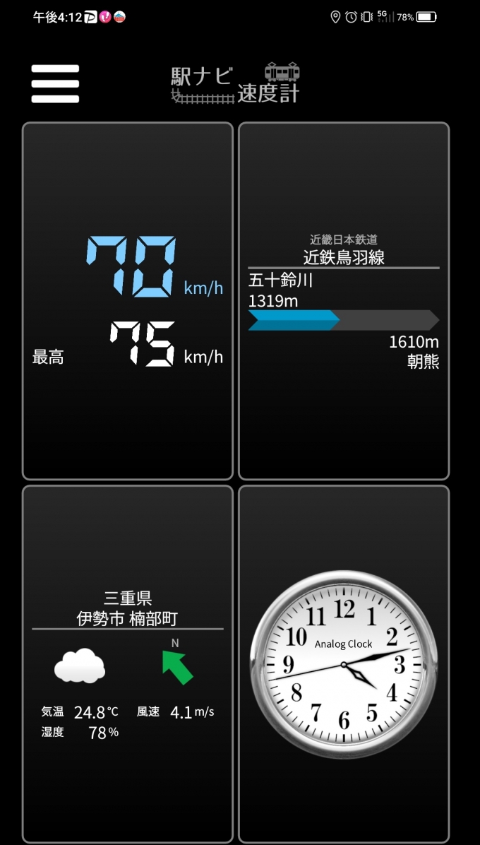 鉄道乗車記録の写真:旅の思い出(3)        「五十鈴川駅→朝熊駅を時速70キロで走行中」