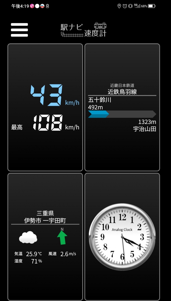鉄道乗車記録の写真:旅の思い出(23)        「五十鈴川駅→宇治山田駅を時速43キロで走行中」