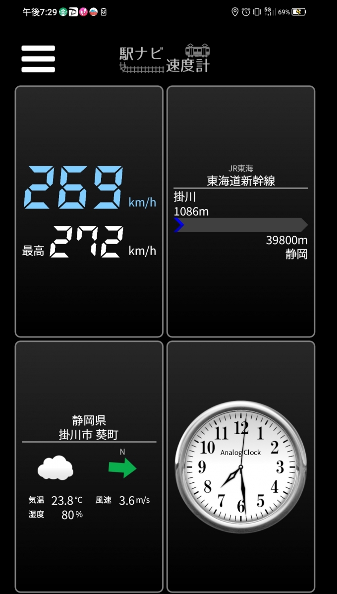 鉄道乗車記録の写真:旅の思い出(12)        「掛川駅→静岡駅を時速269キロで走行中」