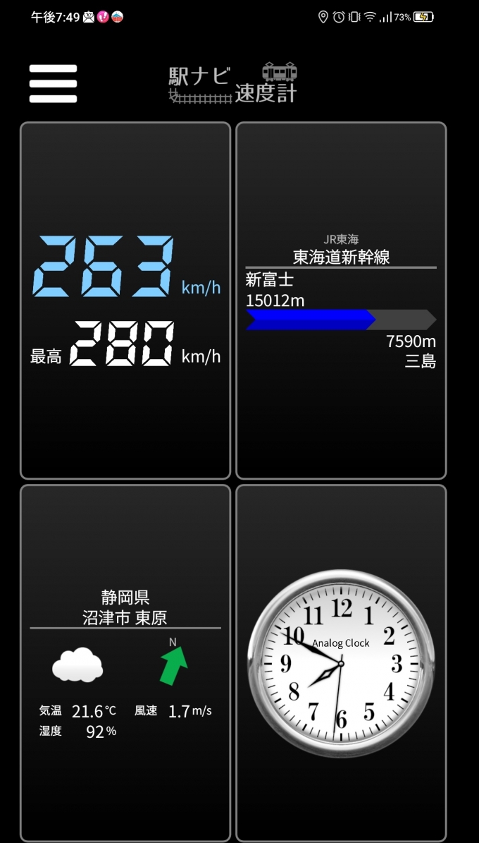 鉄道乗車記録の写真:旅の思い出(14)        「新富士駅→三島駅を時速263キロで走行中」