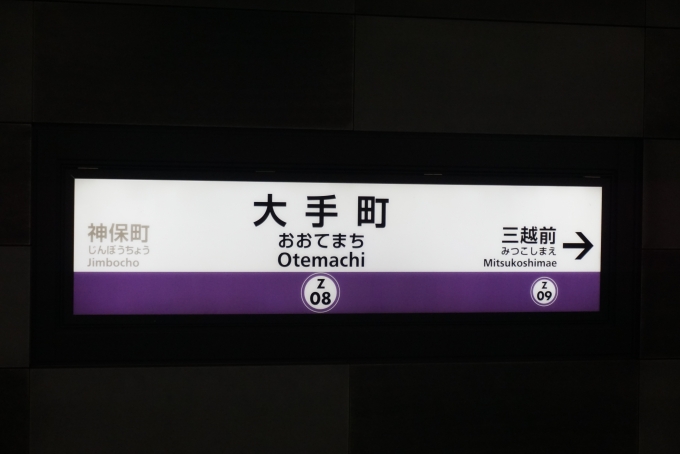 鉄道乗車記録の写真:駅名看板(2)        「東京メトロ半蔵門線大手町駅」