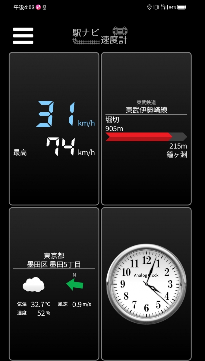 鉄道乗車記録の写真:旅の思い出(4)        「堀切駅→鐘ヶ淵駅を時速31キロで走行中」
