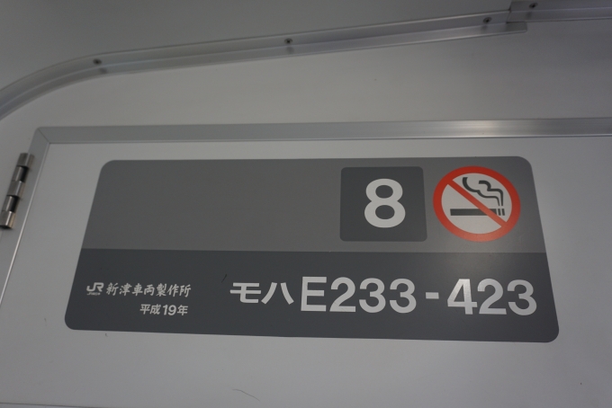 鉄道乗車記録の写真:車両銘板(4)        「JR東日本 モハE233-423」