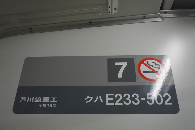 鉄道乗車記録の写真:車両銘板(4)        「JR東日本 クハE233-502」