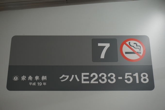 鉄道乗車記録の写真:車両銘板(6)        「JR東日本 クハE233-518」