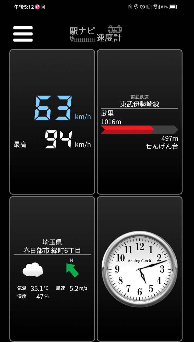 鉄道乗車記録の写真:旅の思い出(5)        「武里駅→せんげん台駅を時速63キロで走行中」