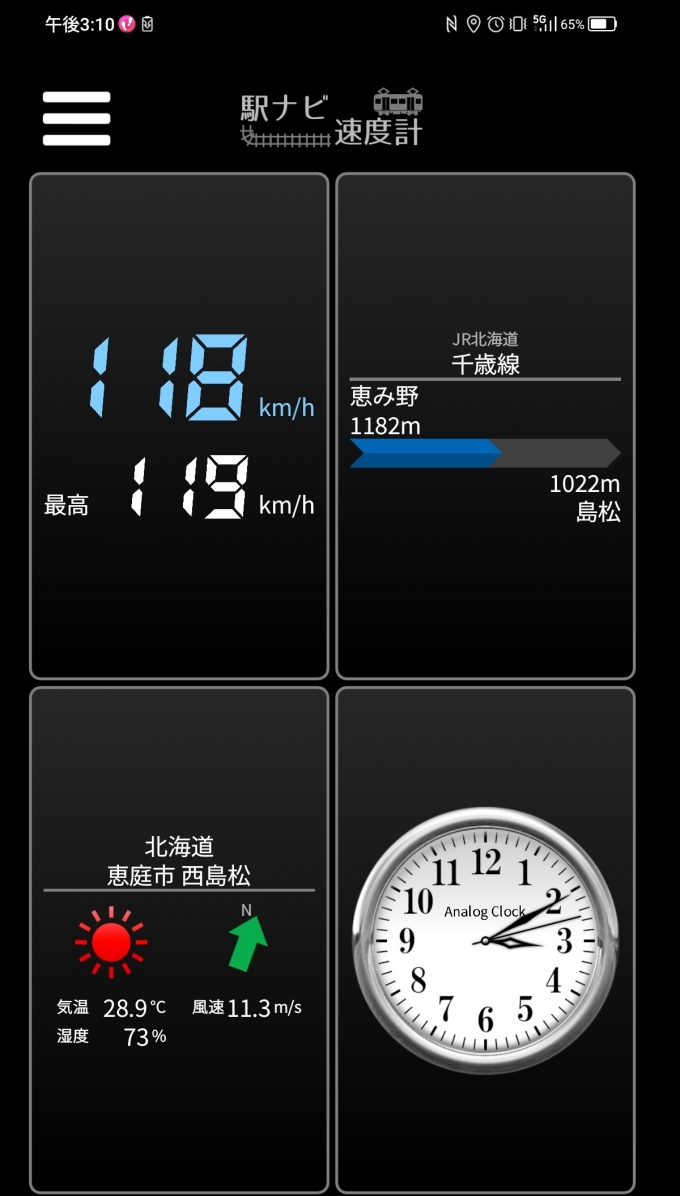 鉄道乗車記録の写真:旅の思い出(6)        「恵み野駅→島松駅を時速118キロで走行中」