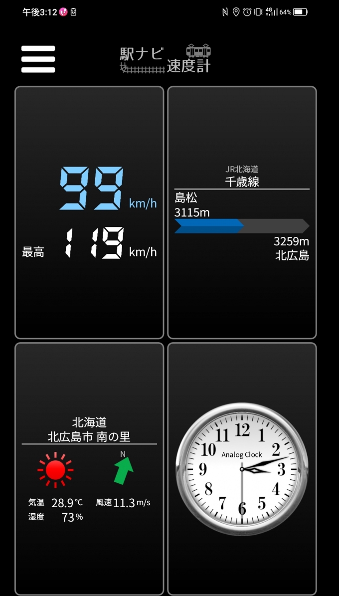 鉄道乗車記録の写真:旅の思い出(7)        「島松駅→北広島駅を時速99キロで走行中」