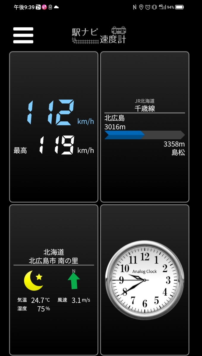 鉄道乗車記録の写真:旅の思い出(3)        「北広島駅→島松駅を時速112キロで走行中」