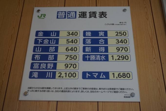 鉄道乗車記録の写真:駅舎・駅施設、様子(2)        「東鹿越駅普通運賃表」