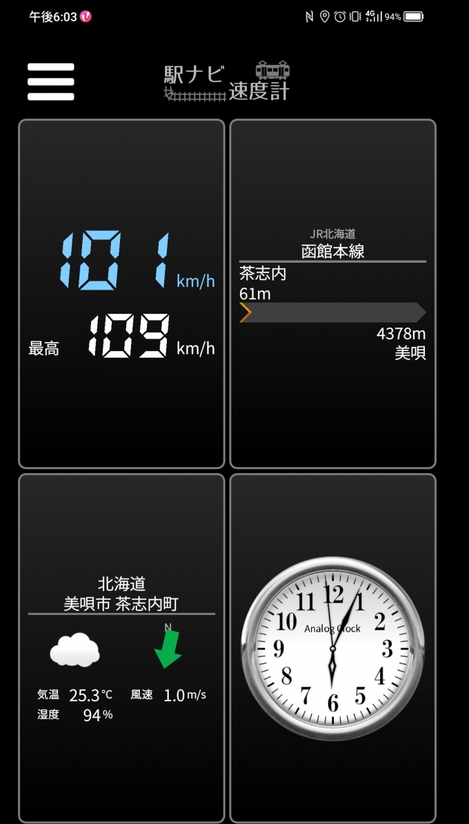 鉄道乗車記録の写真:旅の思い出(18)        「茶志内駅→美唄駅を時速101キロで走行中」