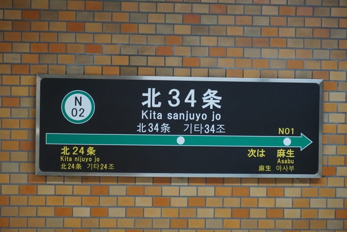 鉄道乗車記録の写真:駅名看板(9)        「南北線北34条駅」