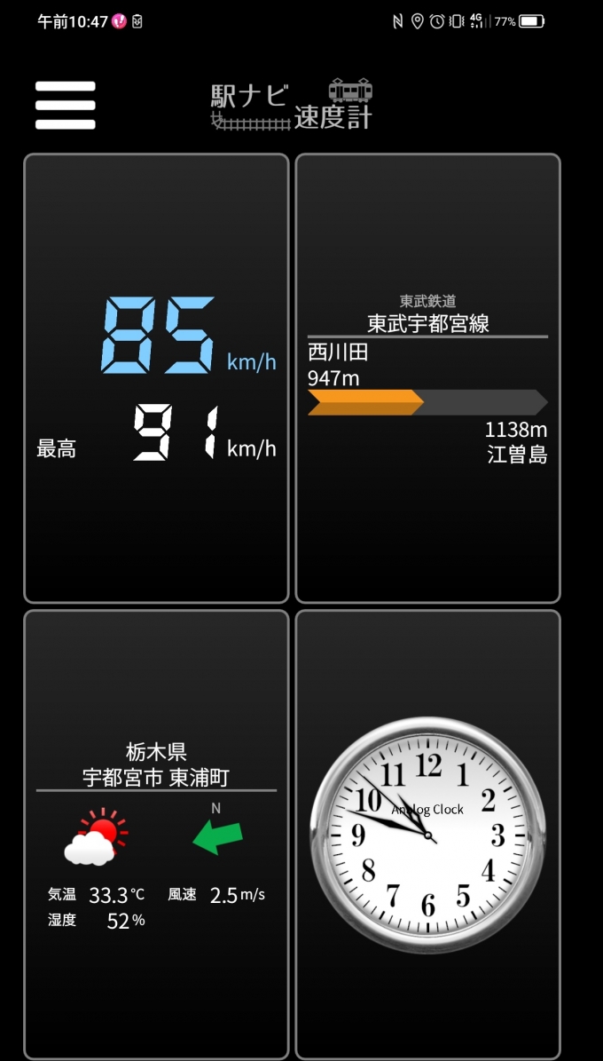 鉄道乗車記録の写真:旅の思い出(4)        「西川田駅→江曽島駅を時速85キロで走行中」