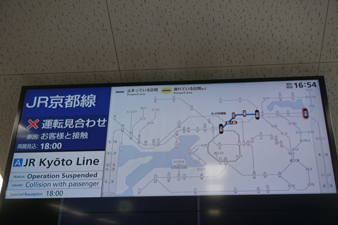 鉄道乗車記録の写真:駅舎・駅施設、様子(7)        「JR京都線運転見合わせ」