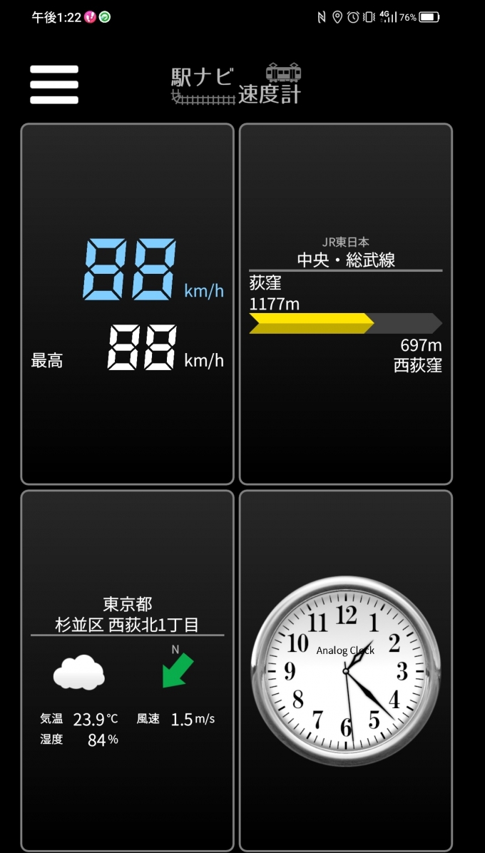 鉄道乗車記録の写真:旅の思い出(5)        「荻窪駅→西荻窪駅を時速88キロで走行中」