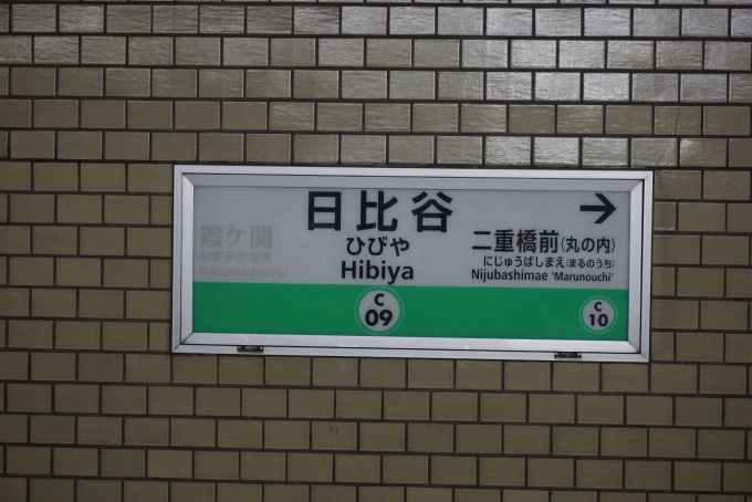 鉄道乗車記録の写真:駅名看板(1)        「千代田線日比谷駅」