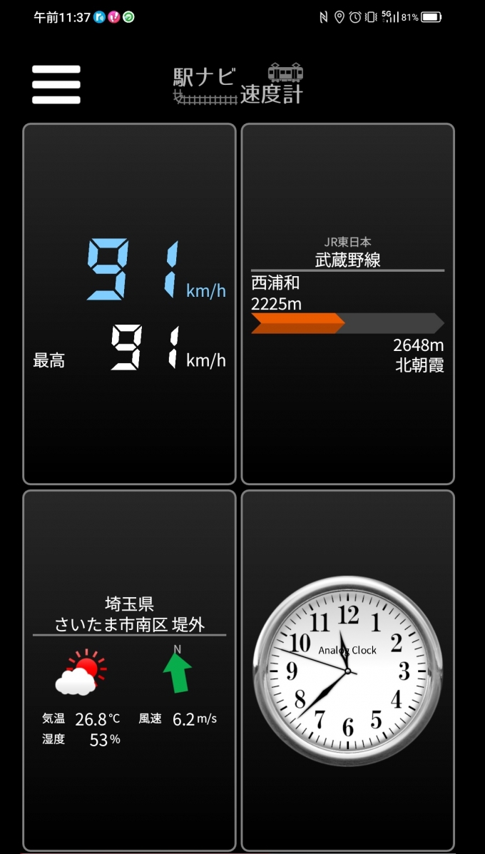 鉄道乗車記録の写真:旅の思い出(3)        「西浦和駅→北朝霞駅を時速91キロで走行中」