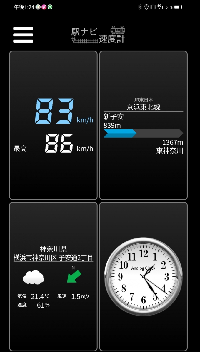 鉄道乗車記録の写真:旅の思い出(5)        「新子安駅→東神奈川駅を時速83キロで走行中」