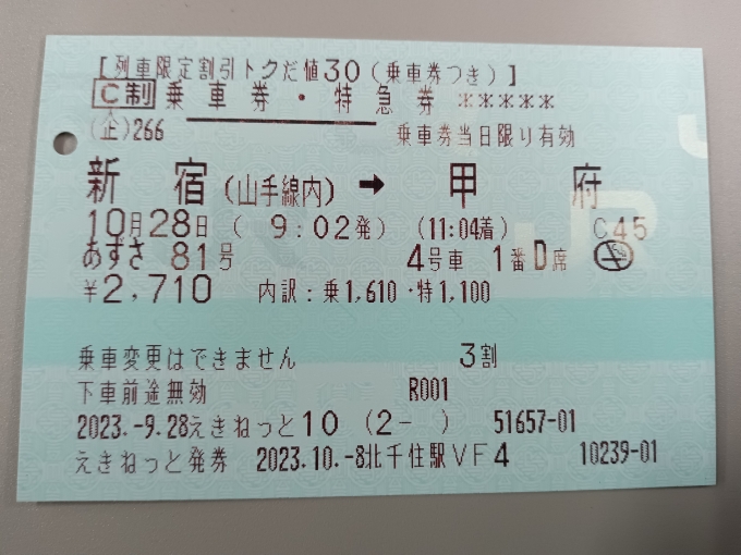 鉄道乗車記録の写真:きっぷ(9)     「あずさ81号指定席券」