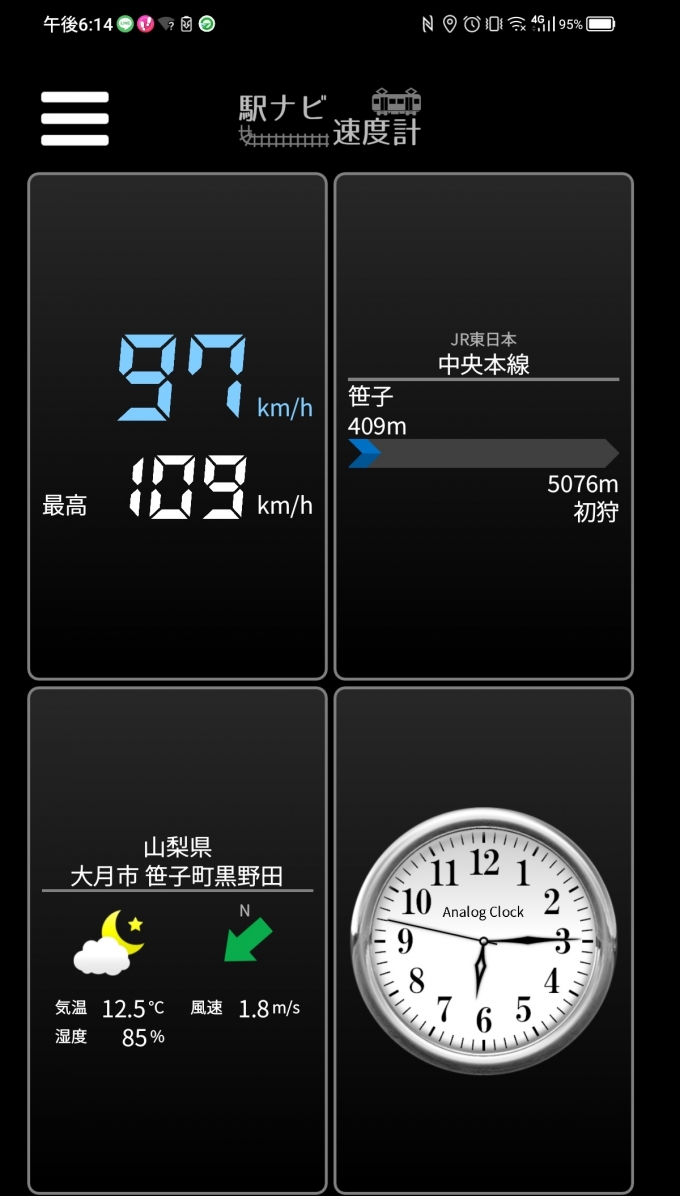 鉄道乗車記録の写真:旅の思い出(11)     「笹子駅→初狩駅を時速97キロで走行中」