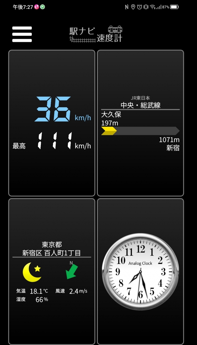 鉄道乗車記録の写真:旅の思い出(14)     「大久保駅→新宿駅を時速36キロで走行中」