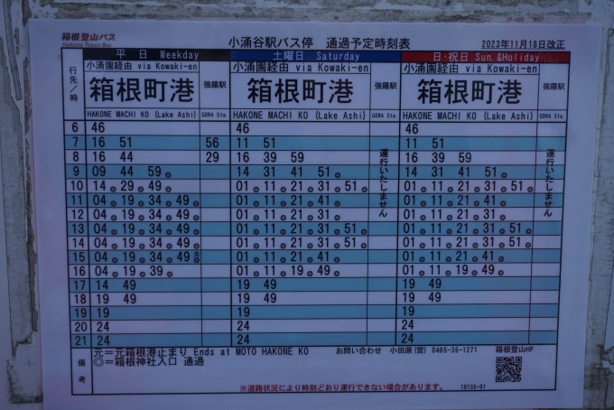 鉄道乗車記録の写真:旅の思い出(10)        「小涌谷駅バス時刻表」