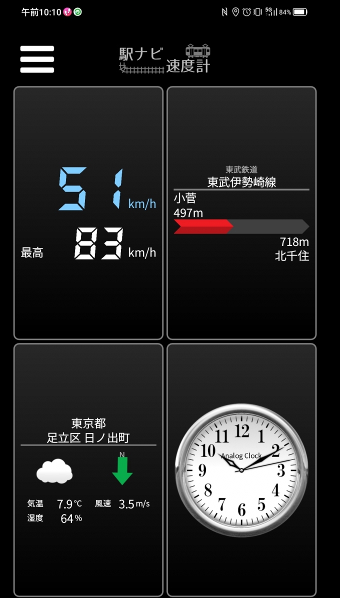 鉄道乗車記録の写真:旅の思い出(4)        「小菅駅→北千住駅を時速51キロで走行中」