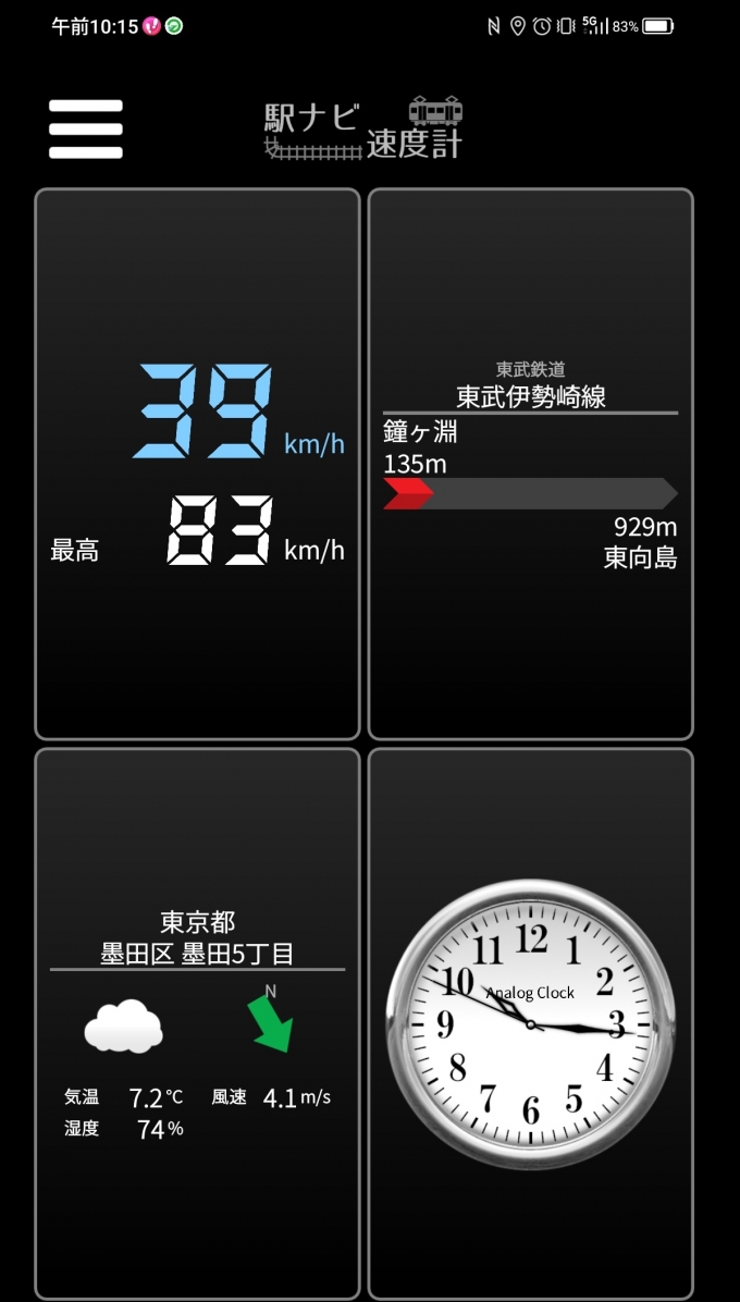 鉄道乗車記録の写真:旅の思い出(5)        「鐘ヶ淵駅→東向島駅を時速39キロで走行中」