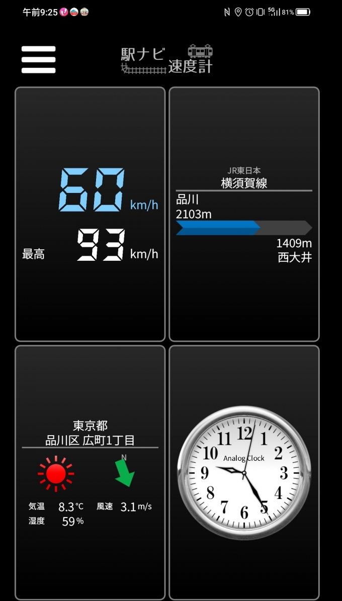 鉄道乗車記録の写真:旅の思い出(7)        「品川駅→西大井駅を時速60キロで走行中」