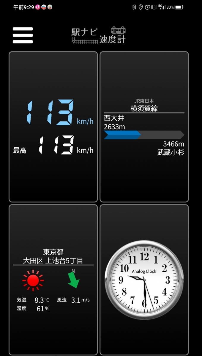 鉄道乗車記録の写真:旅の思い出(8)        「西大井駅→武蔵小杉駅を時速113キロで走行中」