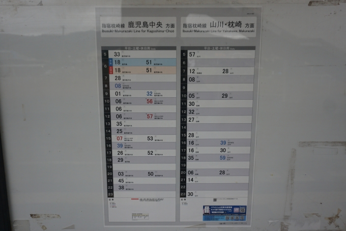 鉄道乗車記録の写真:駅舎・駅施設、様子(4)        「指宿駅発車時刻表」
