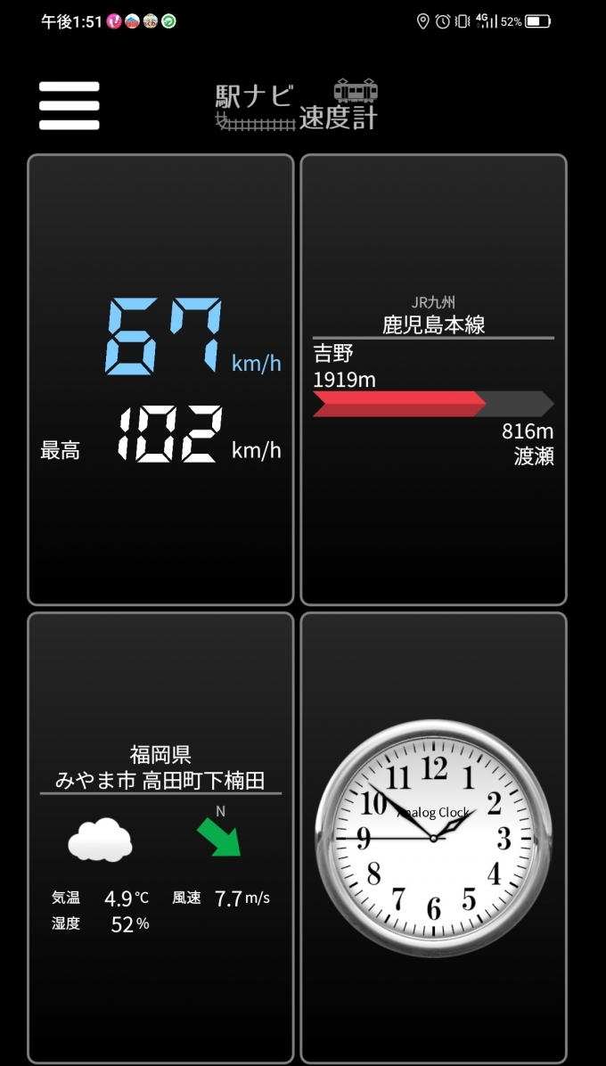 鉄道乗車記録の写真:旅の思い出(8)        「吉野→渡瀬を時速67キロで走行中」
