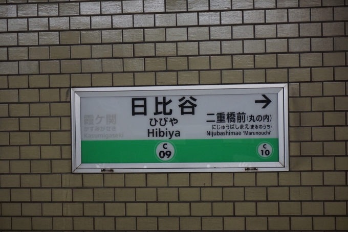 鉄道乗車記録の写真:駅名看板(4)        「千代田線日比谷駅」
