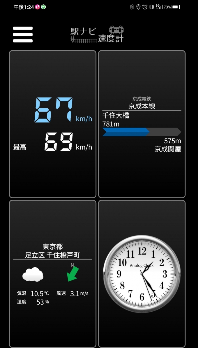 鉄道乗車記録の写真:旅の思い出(13)        「千住大橋→京成関屋を時速67キロで走行中」