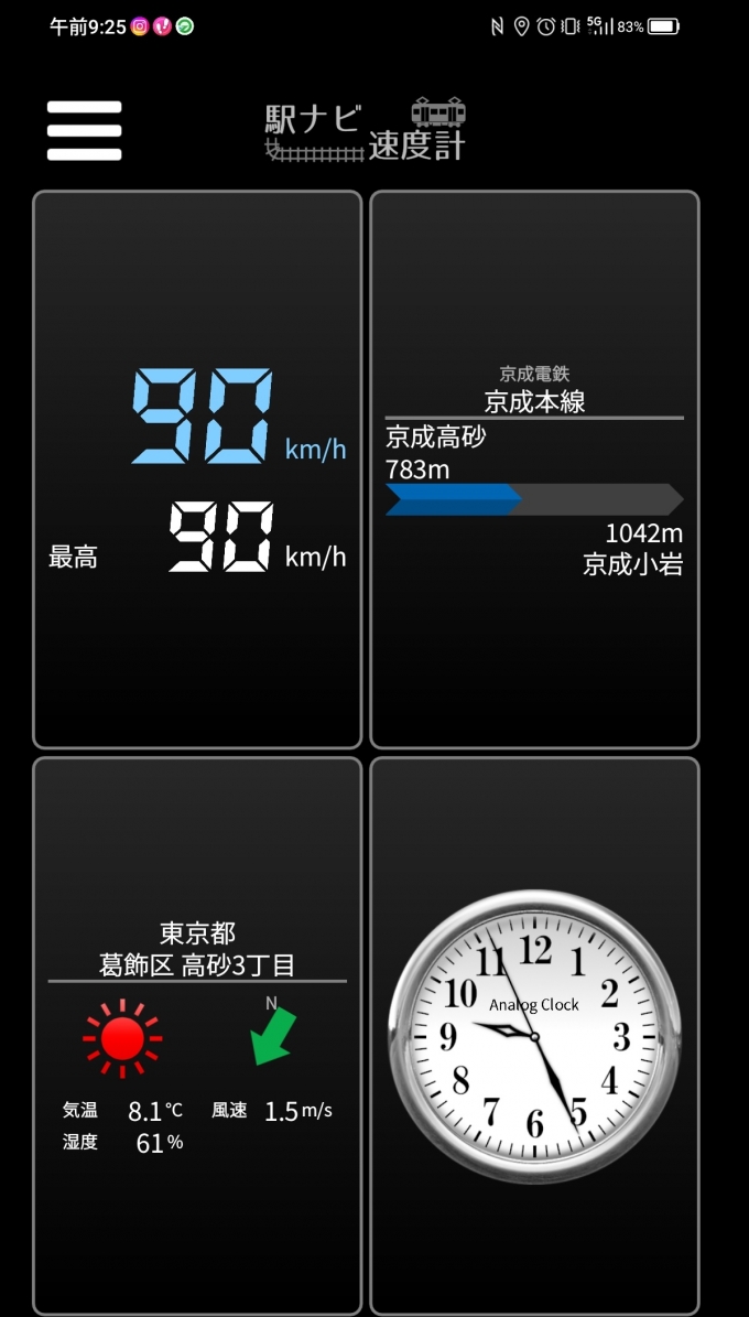 鉄道乗車記録の写真:旅の思い出(5)        「京成高砂→京成小岩を時速90キロで走行中」