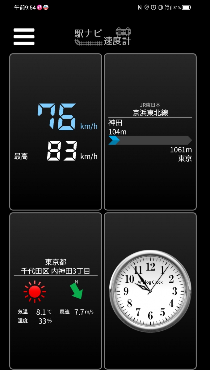 鉄道乗車記録の写真:旅の思い出(4)        「神田→東京を時速76キロで走行中」
